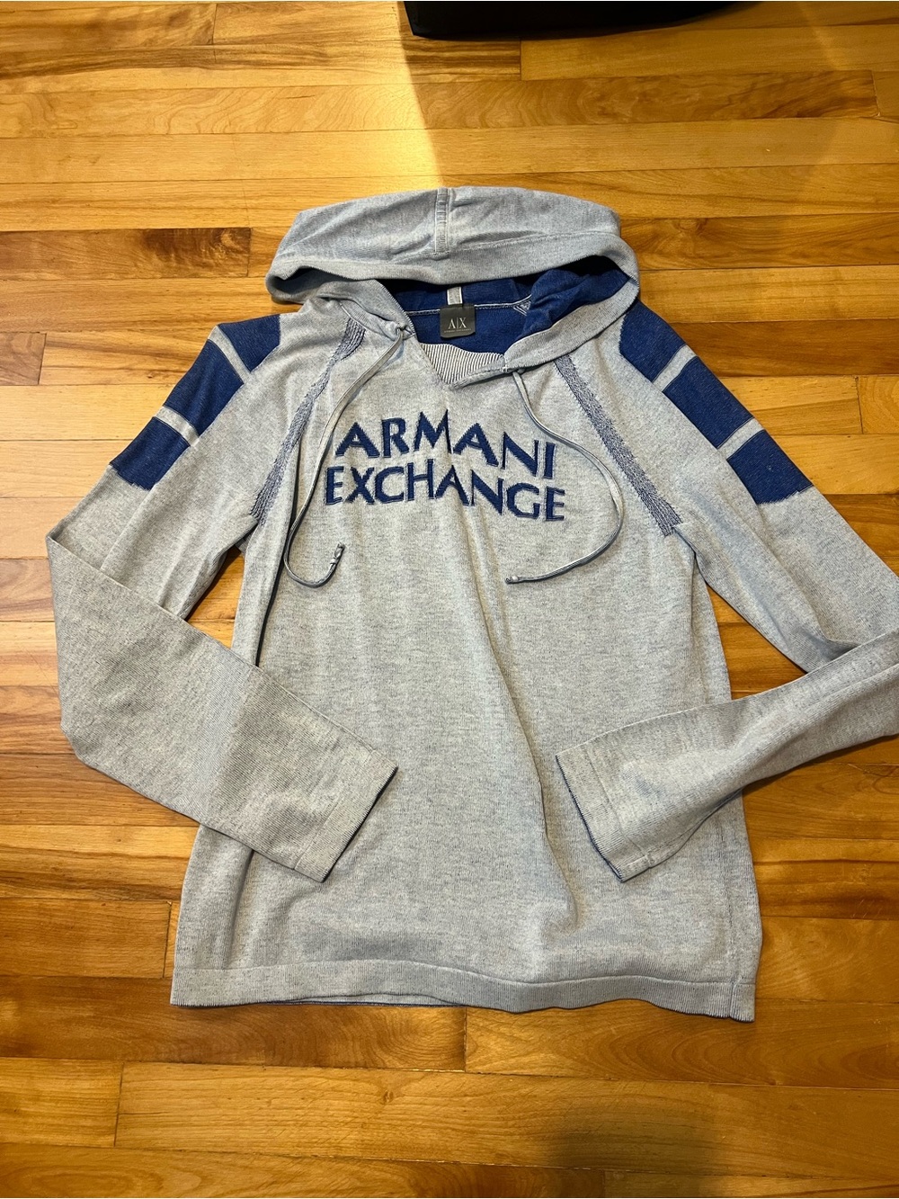 Armani Exchange Light Gray Hoodie with Navy Stripe Accents